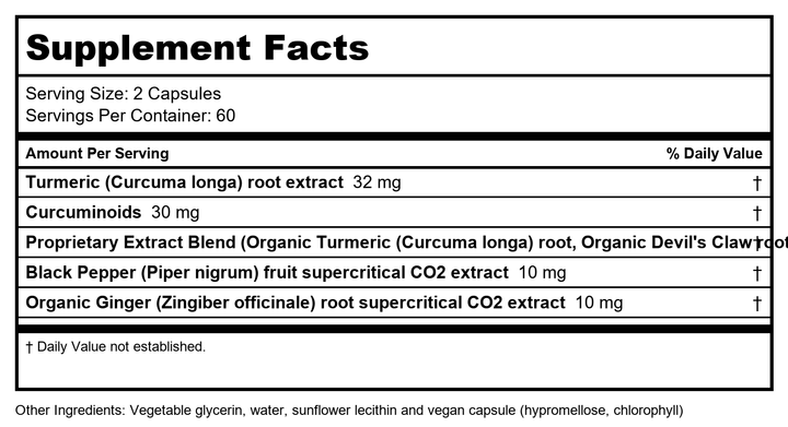 Gaia PRO Discomfort Relief (Turmeric Supreme® Joint) NF-kB Formula - 120 Vegan Liquid Phyto-Capsules (60 Servings) - Supplement Facts panel