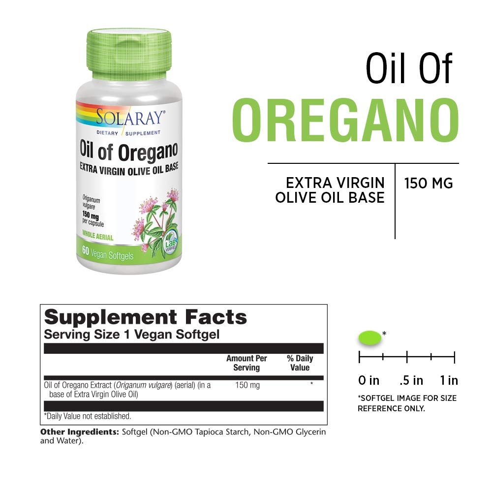 SOLARAY Oil of Oregano 150 mg | Extra Virgin Olive Oil Base | Whole Aerial | Healthy Immune &amp; Intestinal Flora Support | Vegan &amp; Non-GMO | 60 Softgels - Supplement Facts panel