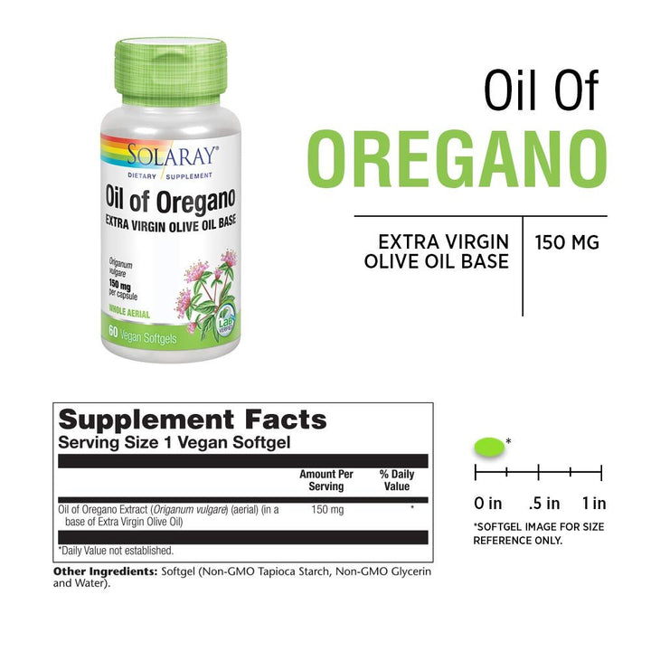 SOLARAY Oil of Oregano 150 mg | Extra Virgin Olive Oil Base | Whole Aerial | Healthy Immune &amp; Intestinal Flora Support | Vegan &amp; Non-GMO | 60 Softgels - Supplement Facts panel