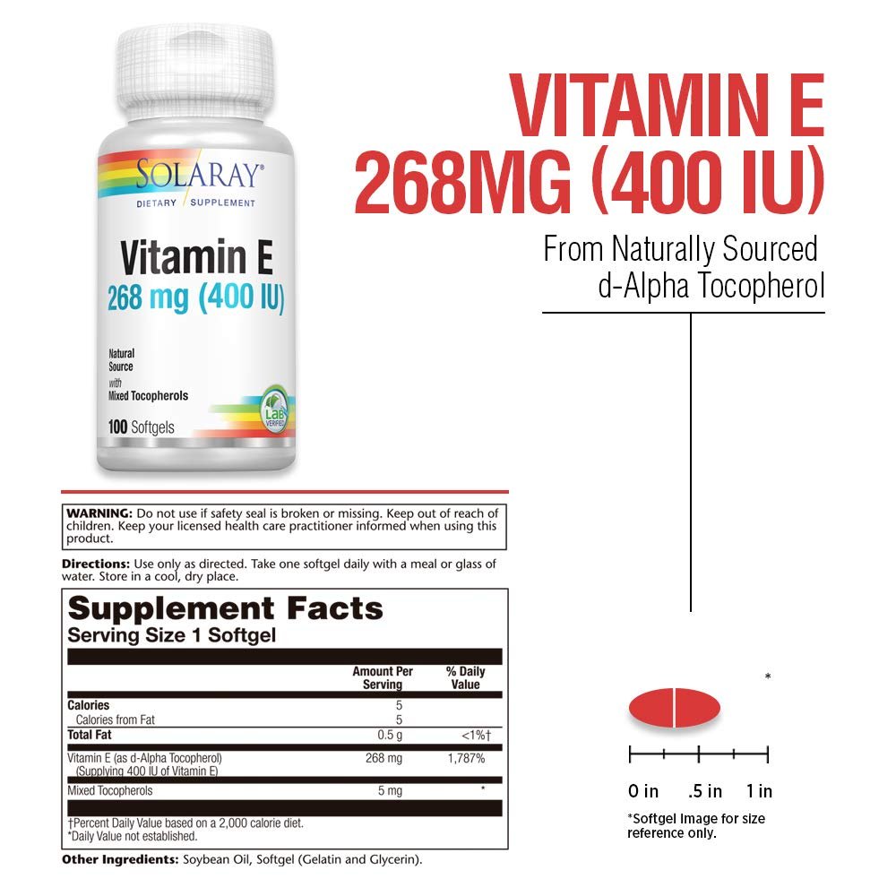Solaray, E D-Alpha Tocopherol, 100 Count  04163 - Supplement Facts panel