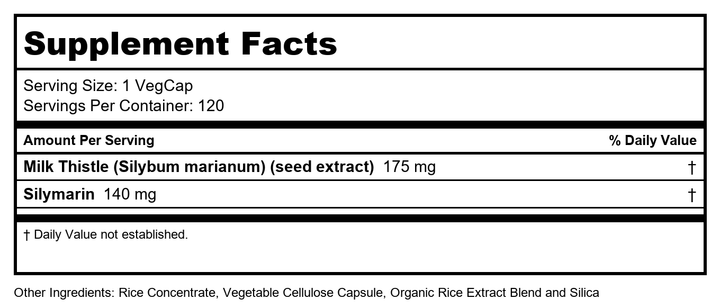 SOLARAY Milk Thistle Seed Extract 175mg Antioxidant Intended to Help Support a Normal, Healthy Liver Non-GMO &amp; Vegan 120 VegCaps - Supplement Facts panel