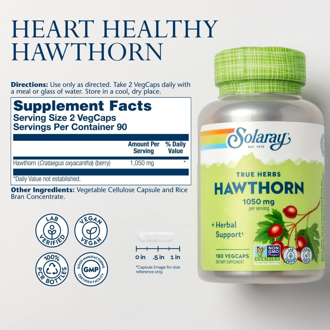SOLARAY Hawthorn Berry 525mg - Healthy Cardiovascular Function &amp; Circulation Support - Whole Berry - Non-GMO &amp; Vegan - 180 VegCaps - Supplement Facts panel