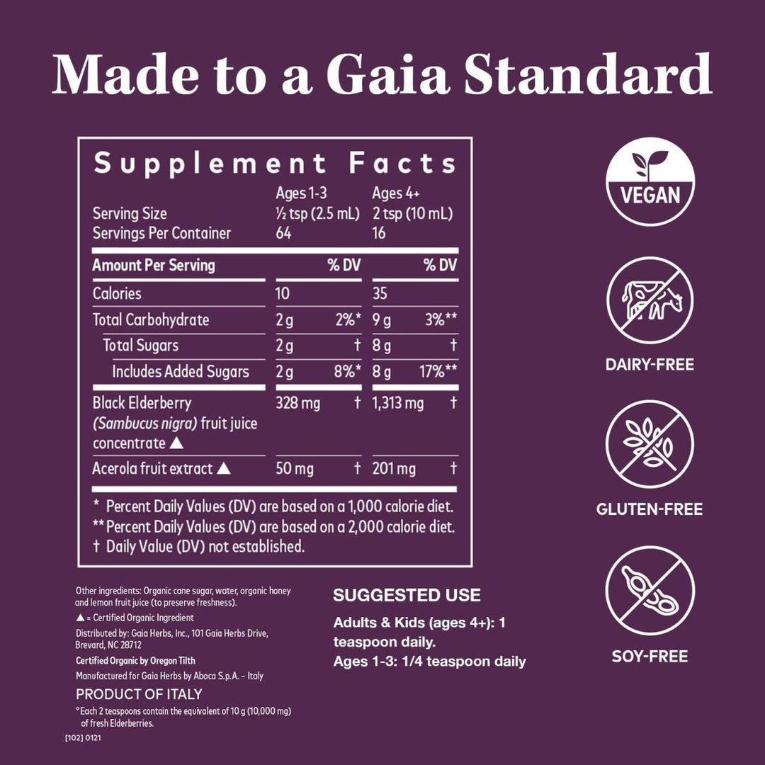 Gaia Herbs Black Elderberry -5.4 Fl Oz (32-Day Supply) - Supplement Facts panel