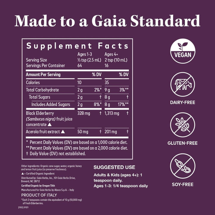 Gaia Herbs Black Elderberry -5.4 Fl Oz (32-Day Supply) - Supplement Facts panel