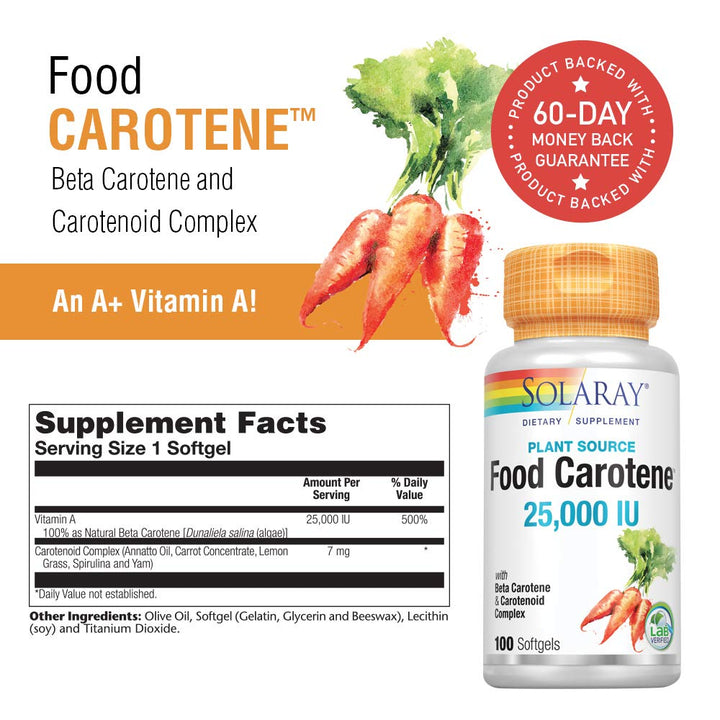 SOLARAY Food Carotene 7500mcg (25000 IU) - Beta Carotene Vitamin A Supplement - Wellness and Immune Support Supplement, Potent Eye Vitamins and Skin Food, Plant Sourced, 60-Day Guarantee, 100 Softgels - Supplement Facts panel