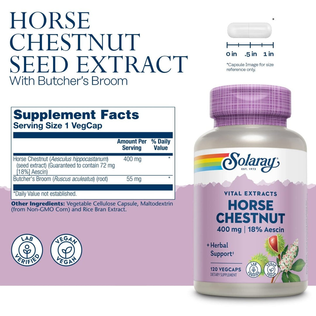 SOLARAY Horse Chestnut Seed Extract 400mg, Healthy Leg Vein, Blood Vessel &amp; Circulation Support, 120 Serv, 120 VegCaps - Supplement Facts panel