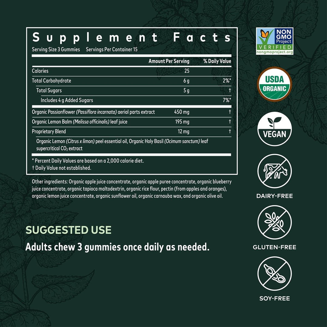 Gaia Herbs Organic Relax Gummies, Stress Relief, Anti-Stress Support, Holy Basil, Lemon Balm, Passionflower, USDA Certified Organic, Non-GMO, Gluten Free, Vegan, 45 Count (Pack of 1) - Supplement Facts panel