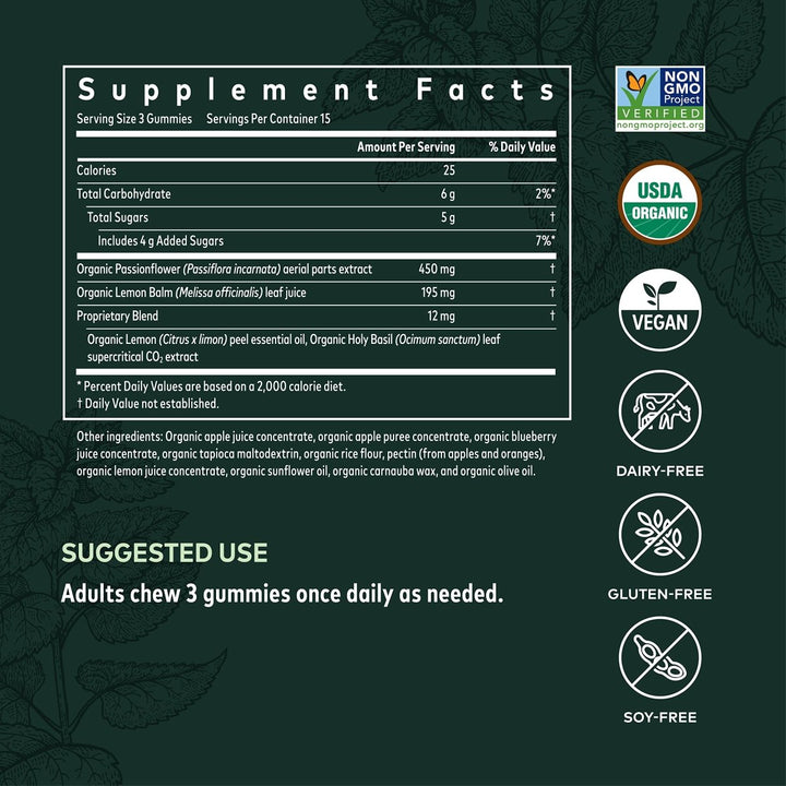 Gaia Herbs Organic Relax Gummies, Stress Relief, Anti-Stress Support, Holy Basil, Lemon Balm, Passionflower, USDA Certified Organic, Non-GMO, Gluten Free, Vegan, 45 Count (Pack of 1) - Supplement Facts panel
