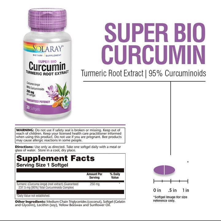 SOLARAY Super Bio Curcumin 250mg | Turmeric Root Extract, 95% Curcuminoids | Healthy Joint Support &amp; More | 30 Softgels - Supplement Facts panel