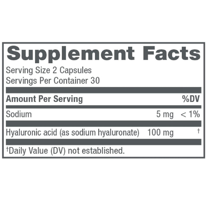 NeoCell Hyaluronic Acid Capsules, Essential Lubricant, Supports Tissue Hydration, Gluten Free, 60 Count, 1 Bottle - Supplement Facts panel