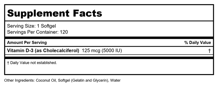 SOLARAY Super Bio Vitamin D-3 in Non-GMO Coconut Oil 5000IU Strong Bones &amp; Immune System Support High Bioavailability No Soy 120 Softgels - Supplement Facts panel