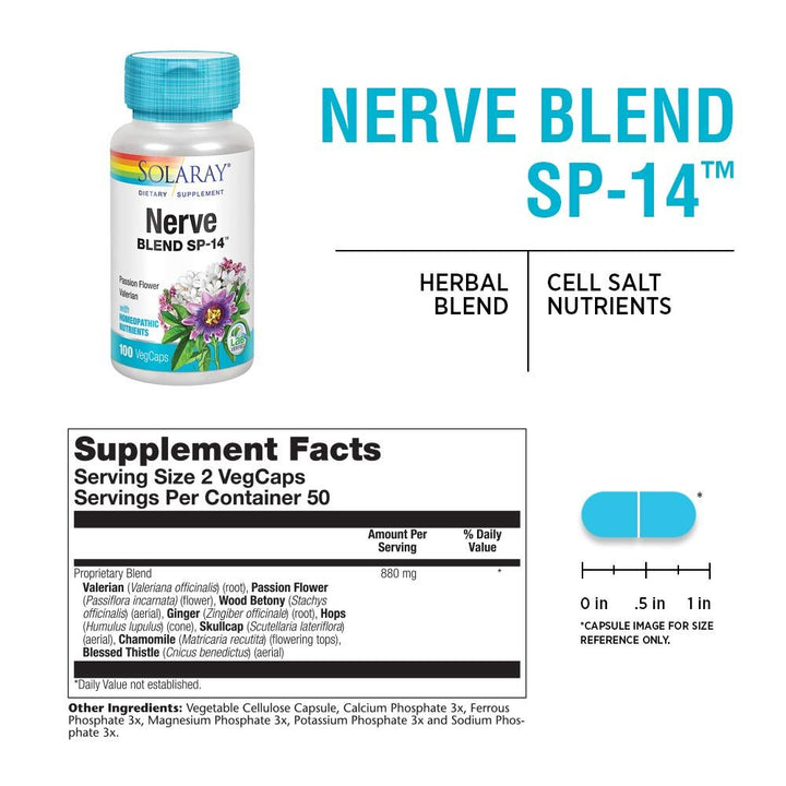 SOLARAY Nerve Blend SP-14 | | 50 Serv | 100 VegCaps  02140 - Supplement Facts panel