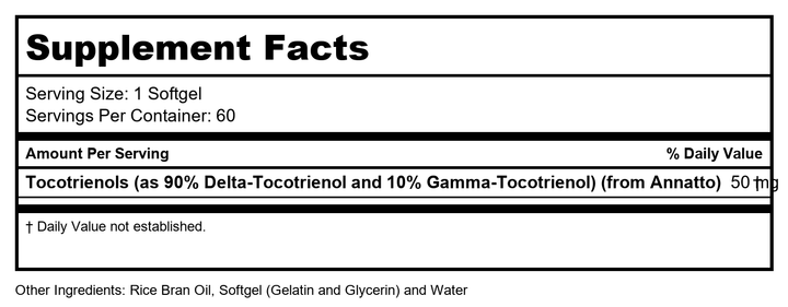 SOLARAY Vitamin E Tocotrienols 50mg | Healthy Brain Function Support | Soy Free | 50ct - Supplement Facts panel