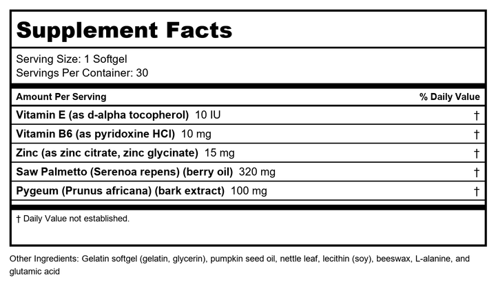 SOLARAY Saw Palmetto &amp; Pygeum | Once Daily Prostate &amp; Urinary Health Formula w/Zinc &amp; Vitamin E | 30 Softgels - Supplement Facts panel