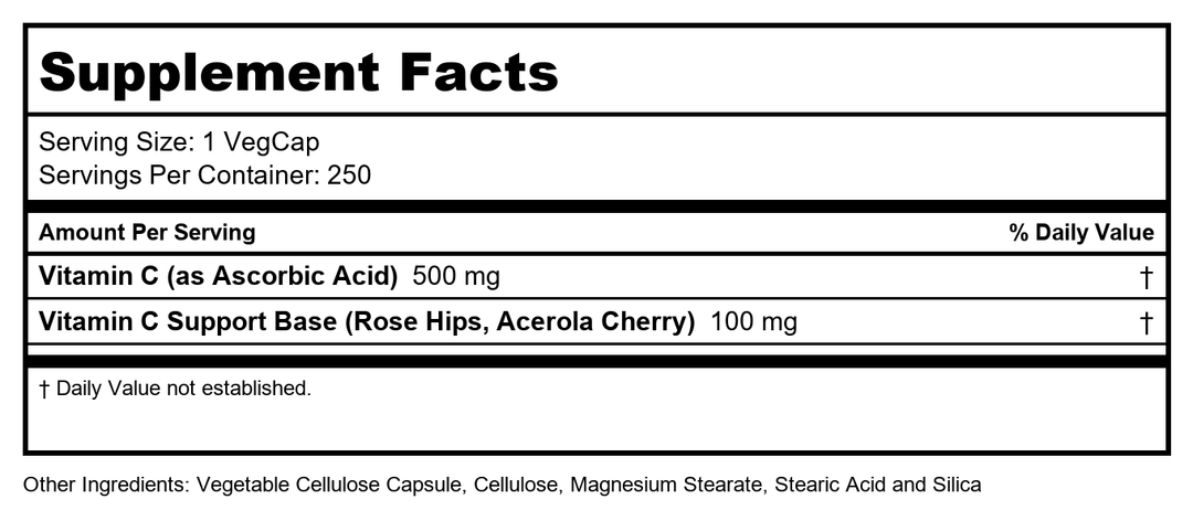 SOLARAY Vitamin C w/Rose Hips &amp; Acerola | 500mg | Two-Stage, Timed-Release Healthy Immune Function, Skin, Hair &amp; Nails Support | Non-GMO | 250 CT - Supplement Facts panel