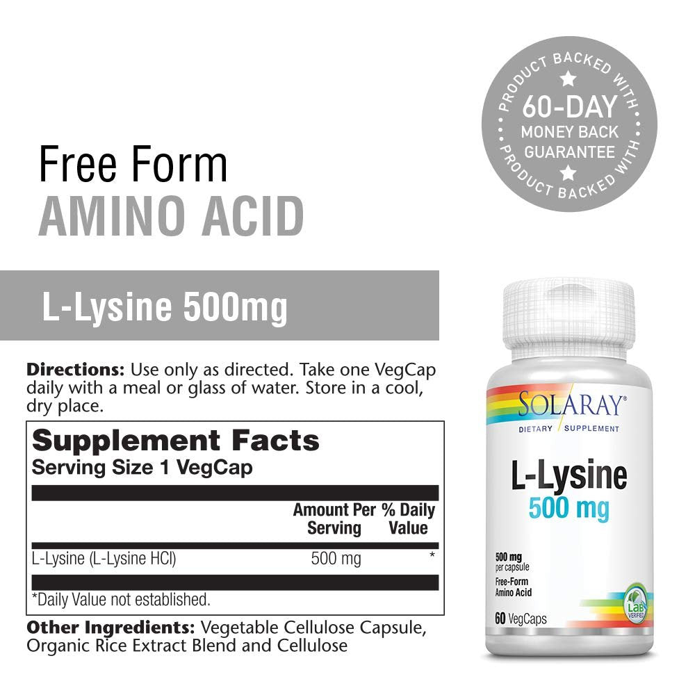 SOLARAY L-Lysine 500mg | Amino Acid | Healthy Cognitive, Immune System &amp; GI Function, Bones, Joints &amp; Skin Support | 60 VegCaps - Supplement Facts panel