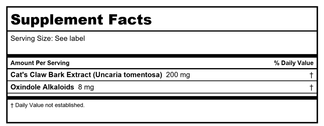 SOLARAY Cats Claw Bark Extract 200mg | 4% Oxindole Alkaloids | Healthy Immune &amp; Joint Function Support | 30 VegCaps - Supplement Facts panel