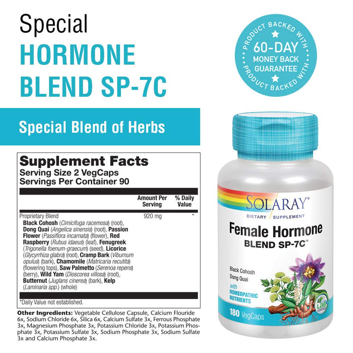 SOLARAY Female Hormone Blend SP-7C, Herbal Blend Includes Black Cohosh, Dong Quai, Passion Flower, Saw Palmetto, Wild Yam &amp; More 180 VegCaps - Supplement Facts panel