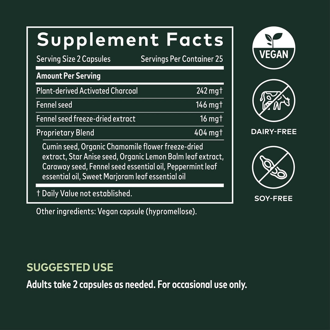 Gaia Herbs Gas &amp; Bloating - Provides Relief from Occasional Gas and Bloating - with Activated Charcoal, Fennel, Chamomile, Cumin, and Peppermint Leaf Essential Oil - 50 Vegan Capsules (25-Day Supply) - Supplement Facts panel