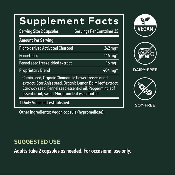 Gaia Herbs Gas &amp; Bloating - Provides Relief from Occasional Gas and Bloating - with Activated Charcoal, Fennel, Chamomile, Cumin, and Peppermint Leaf Essential Oil - 50 Vegan Capsules (25-Day Supply) - Supplement Facts panel