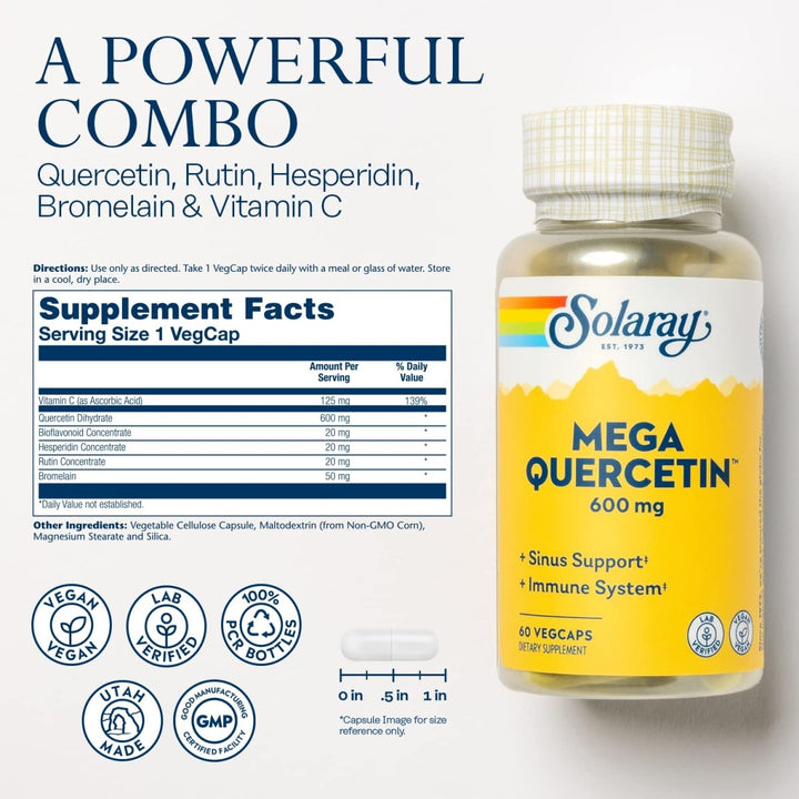 SOLARAY Mega Quercetin Healthy Cells, Heart, Circulatory &amp; Respiratory System Support Bioflavonoids &amp; AMPK Activator Non-GMO, Vegan 60 VegCaps - Supplement Facts panel