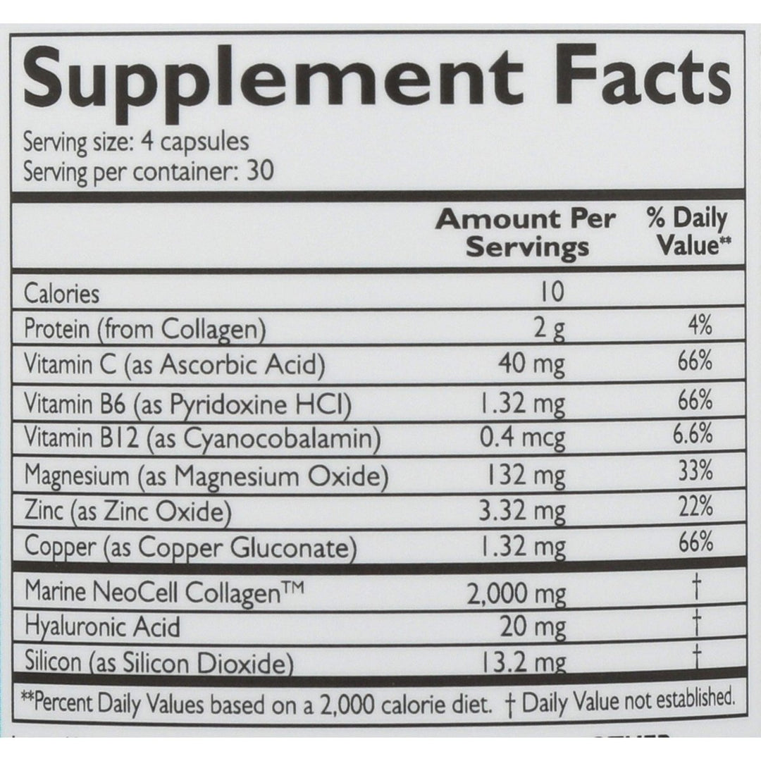 Neocell Fish Collagen Plus - 120 Capsules for Skin and Joint Support - Supplement Facts panel
