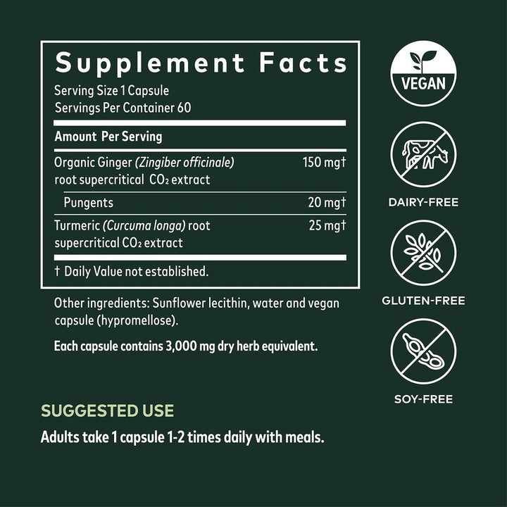 Gaia Herbs Ginger Supreme - 60 Vegan Liquid Phyto-Capsules (60-Day Supply) - Supplement Facts panel