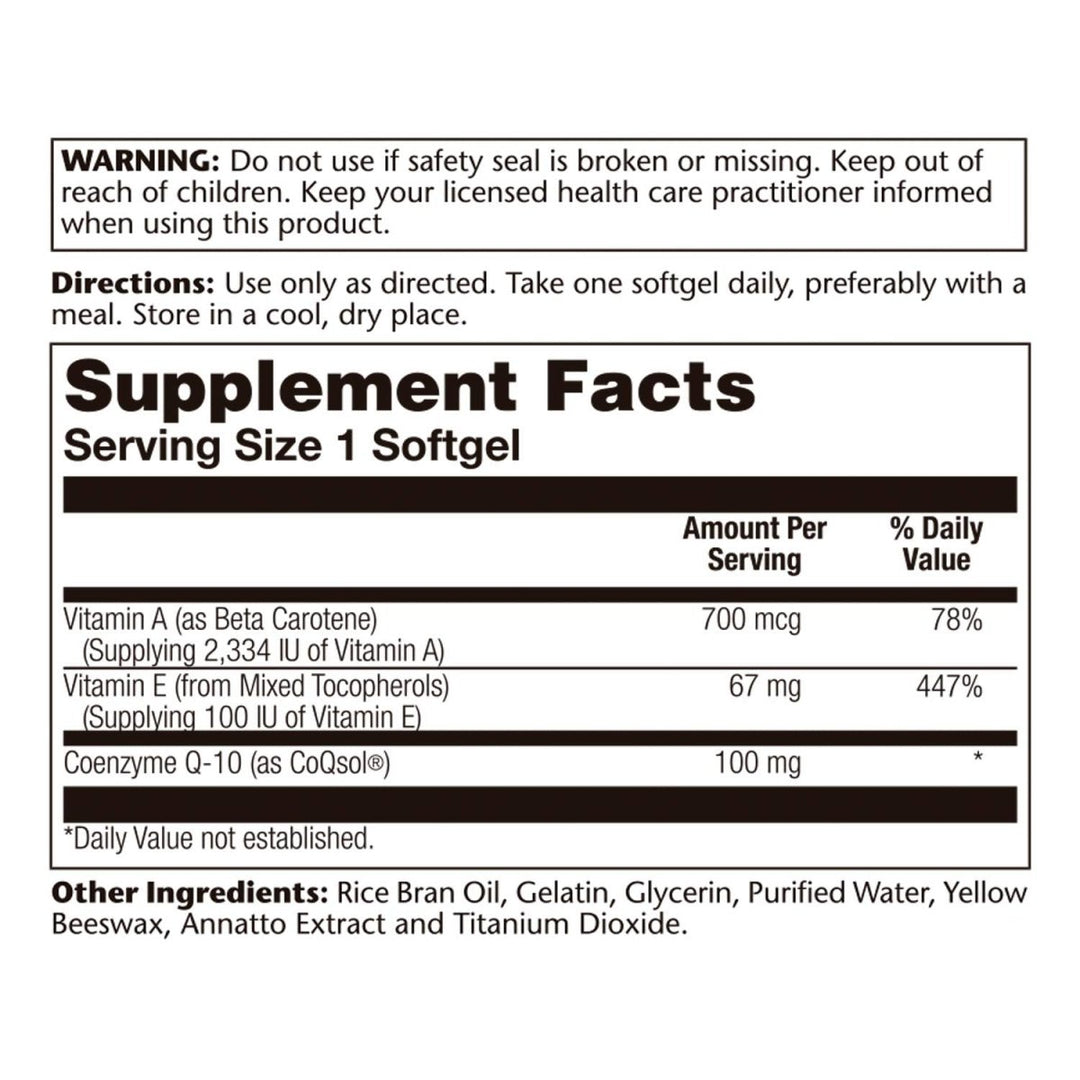 SOLARAY Bio CoQ-10 100 mg | Enhanced Absorption | Vitamins A &amp; E | Healthy Heart &amp; Cellular Energy Support (60 CT) - Supplement Facts panel