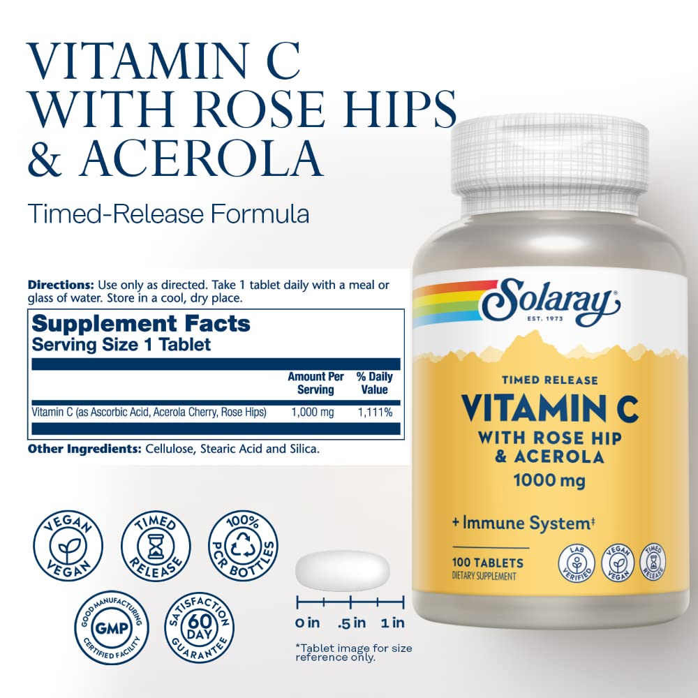 SOLARAY Vitamin C w/Rose Hips &amp; Acerola, 1000mg, Two-Stage Timed-Release Healthy Immune Function (250 Tabs) (100 Servings, 100 Tablets) - Supplement Facts panel