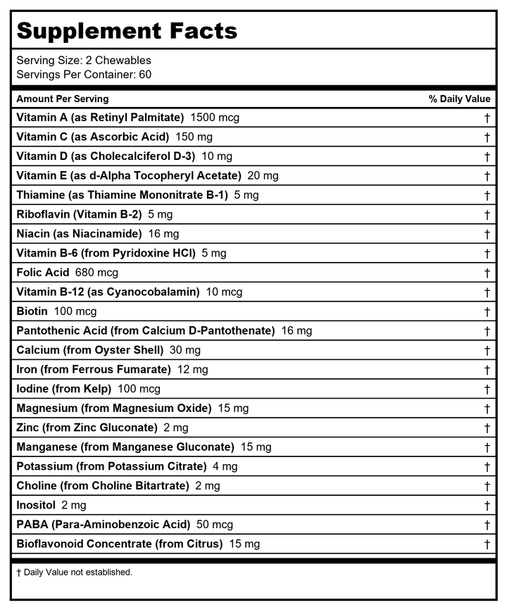 SOLARAY Spectro Multivitamin, No Iron | Cal/Mag, Energizing Greens &amp; Herbs w/Digestive Enzymes | 42 Serv | 250 Caps - Supplement Facts panel