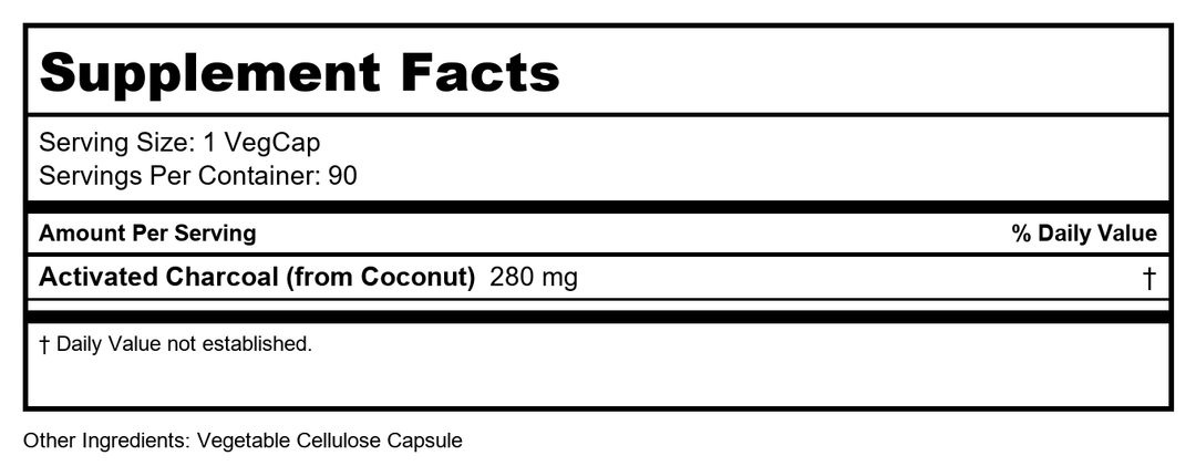 SOLARAY Activated Charcoal 280mg | Coconut Source | Healthy Inner Cleansing &amp; Digestive Tract Support | Non-GMO, Vegan &amp; Lab Verified | 90 Capsules - Supplement Facts panel