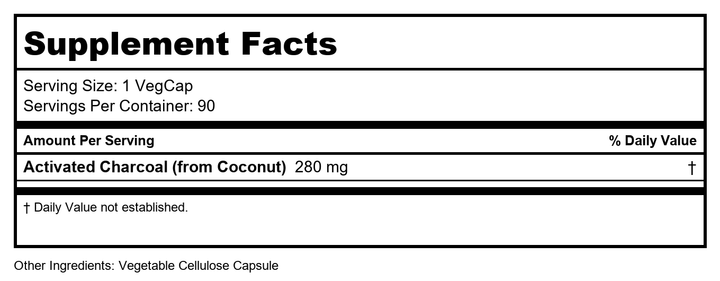 SOLARAY Activated Charcoal 280mg | Coconut Source | Healthy Inner Cleansing &amp; Digestive Tract Support | Non-GMO, Vegan &amp; Lab Verified | 90 Capsules - Supplement Facts panel