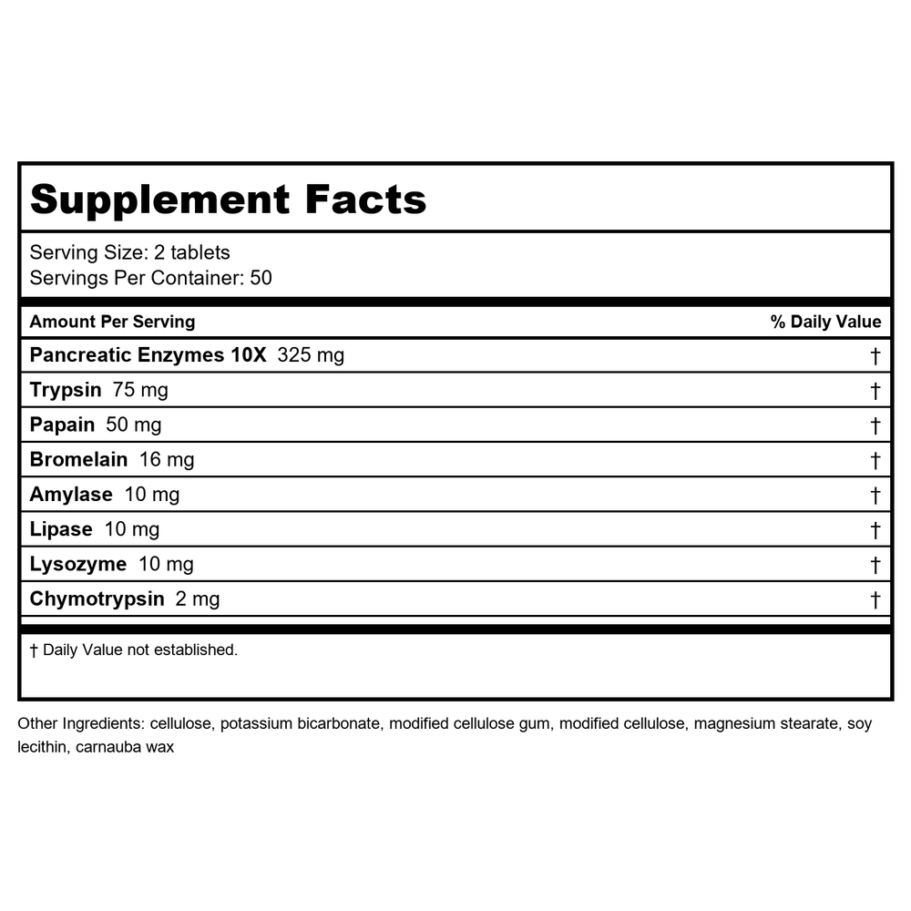 Enzymatic Therapy Mega-Zyme Tablets - 100 Count - Supplement Facts panel