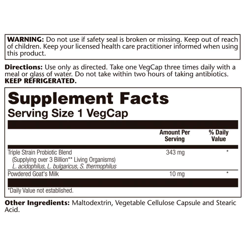 SOLARAY Acidophilus 3 Strain Probiotic &amp; Prebiotic Goats Milk | 3 Billion CFU &amp; Freeze Dried | 50 VegCaps - Supplement Facts panel