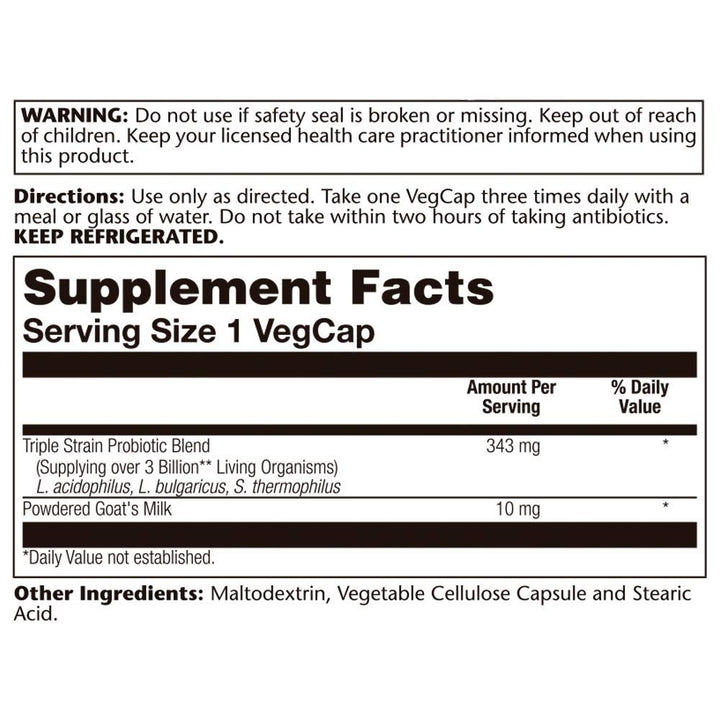 SOLARAY Acidophilus 3 Strain Probiotic &amp; Prebiotic Goats Milk | 3 Billion CFU &amp; Freeze Dried | 50 VegCaps - Supplement Facts panel