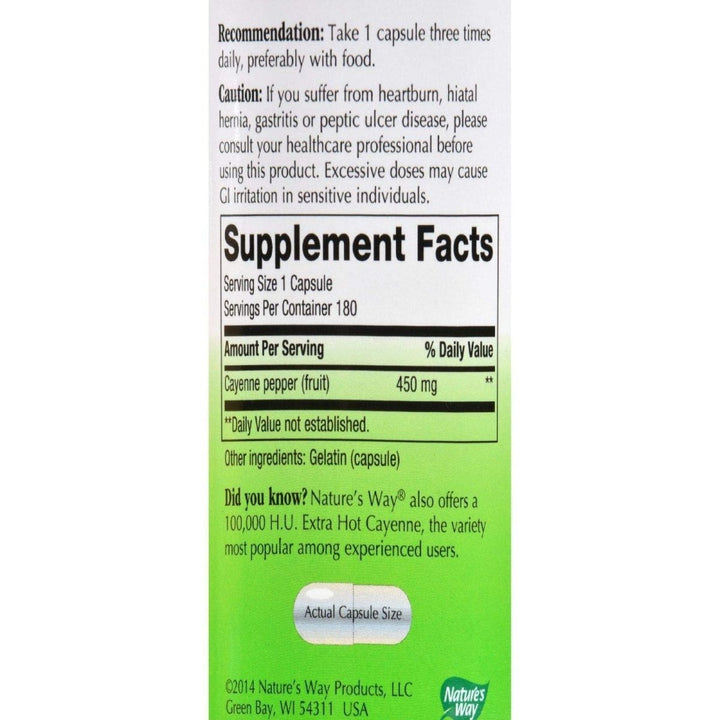Natures Way Cayenne, 450mg 180 Capsules - Supplement Facts panel