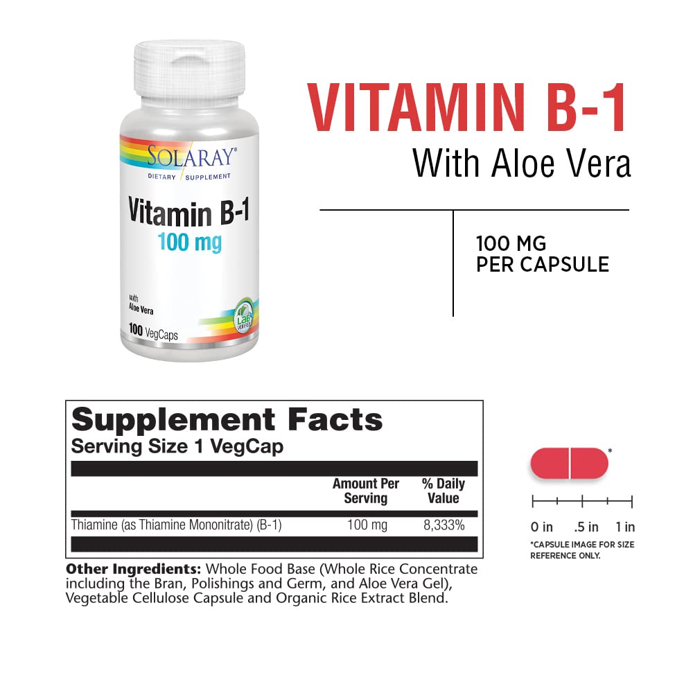 SOLARAY Vitamin B-1 100 mg | Healthy Energy Metabolism, Skin, Brain, Heart &amp; Nervous System Support | 100 VegCaps - Supplement Facts panel