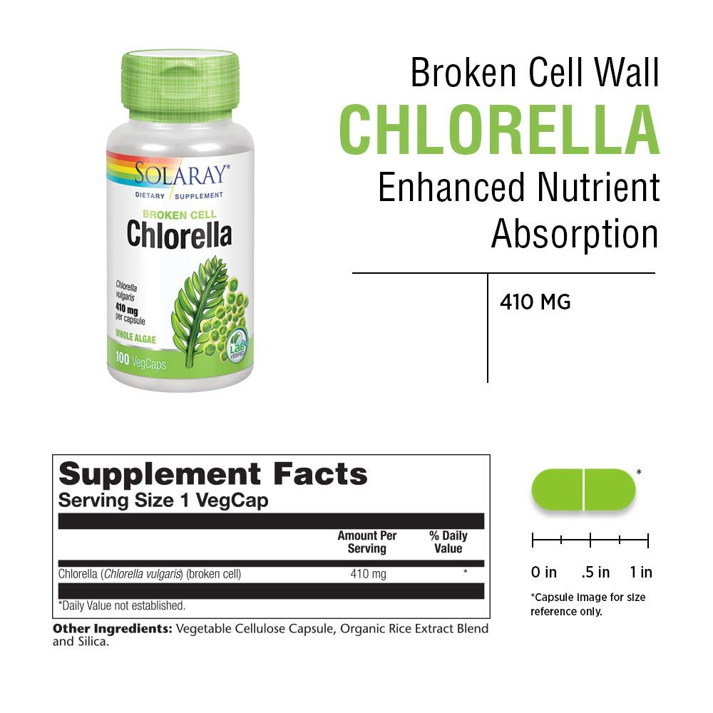 SOLARAY Broken Cell Chlorella 410 mg | Nutrient-Rich Superfood w/Naturally Occurring Protein, Vitamins, Minerals, Chlorophyll | Non-GMO | 100 VegCaps - Supplement Facts panel
