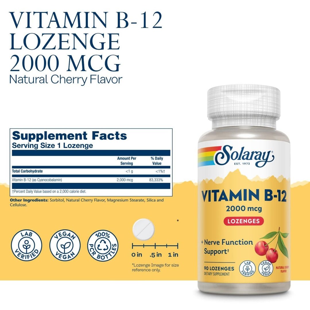 Solaray Vitamin B 12 2000mcg, 90 Lozenges - Supplement Facts panel