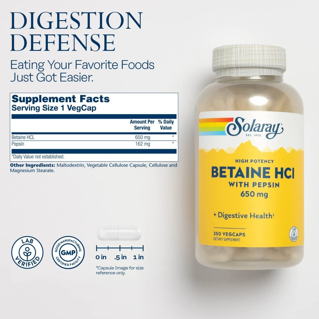 Solaray High Potency Betaine HCL with Pepsin - 250 VegCaps   04815 - Supplement Facts panel
