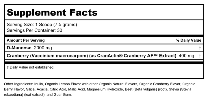 SOLARAY D-Mannose with CranActin Cranberry AF Extract Powder - Healthy Urinary Tract Support - 8 oz (226 g), 30 Servings - Supplement Facts panel