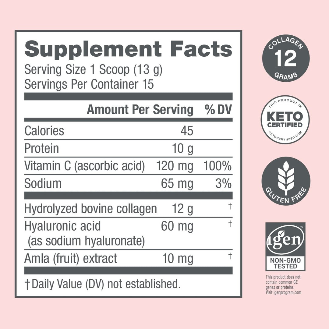 NeoCell Super Collagen Plus With Vitamin C and Hyaluronic Acid, For Skin Hydration and Healthy Skin, Hair and Nails Support, Unflavored, Collagen Powder, 6.9 oz., 1 Canister - Supplement Facts panel