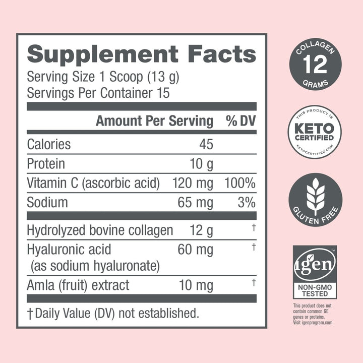 NeoCell Super Collagen Plus With Vitamin C and Hyaluronic Acid, For Skin Hydration and Healthy Skin, Hair and Nails Support, Unflavored, Collagen Powder, 6.9 oz., 1 Canister - Supplement Facts panel