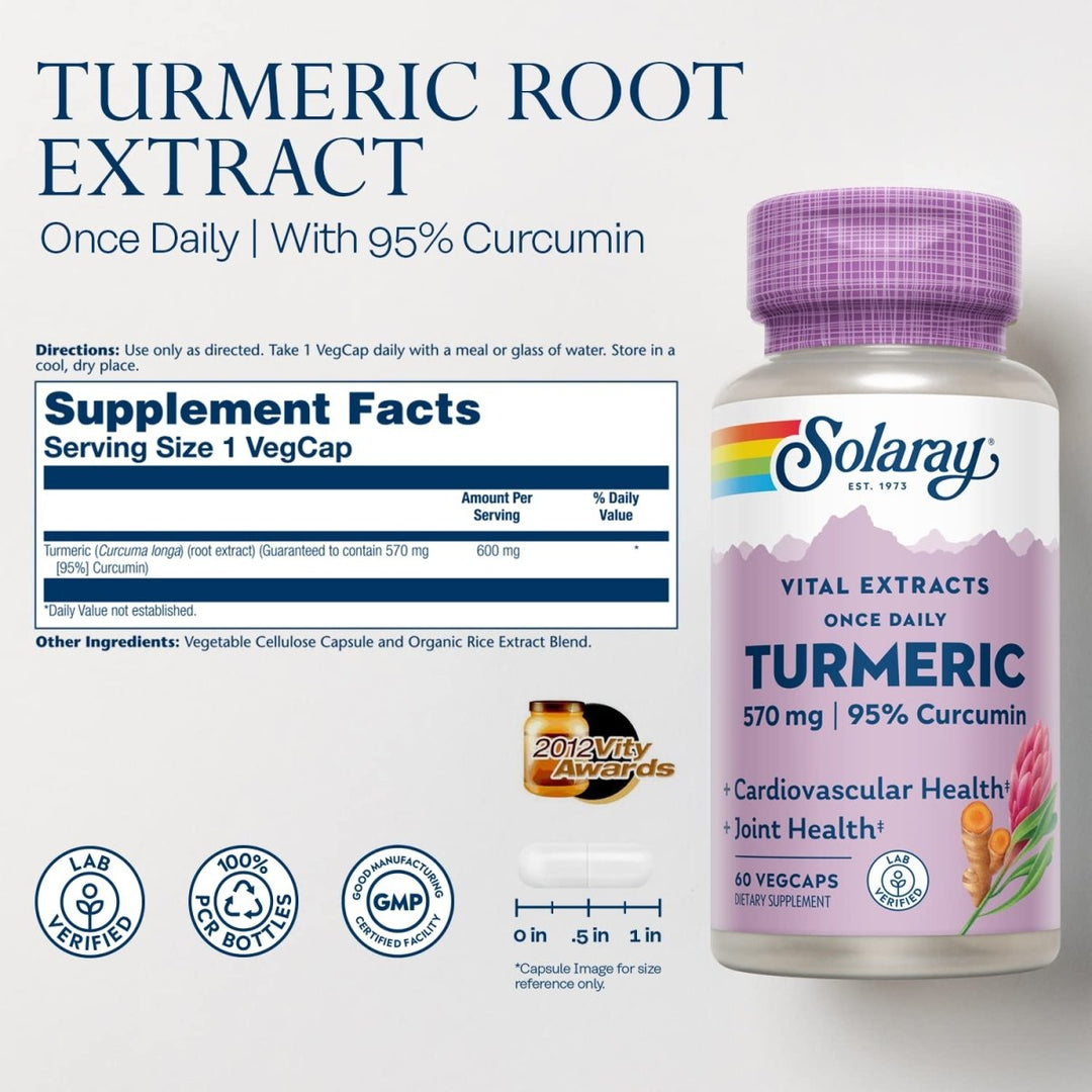 SOLARAY Turmeric Root Extract 600mg | One Daily | Healthy Joints, Cardiovascular System Support | Guaranteed Potency | 60 VegCaps - Supplement Facts panel