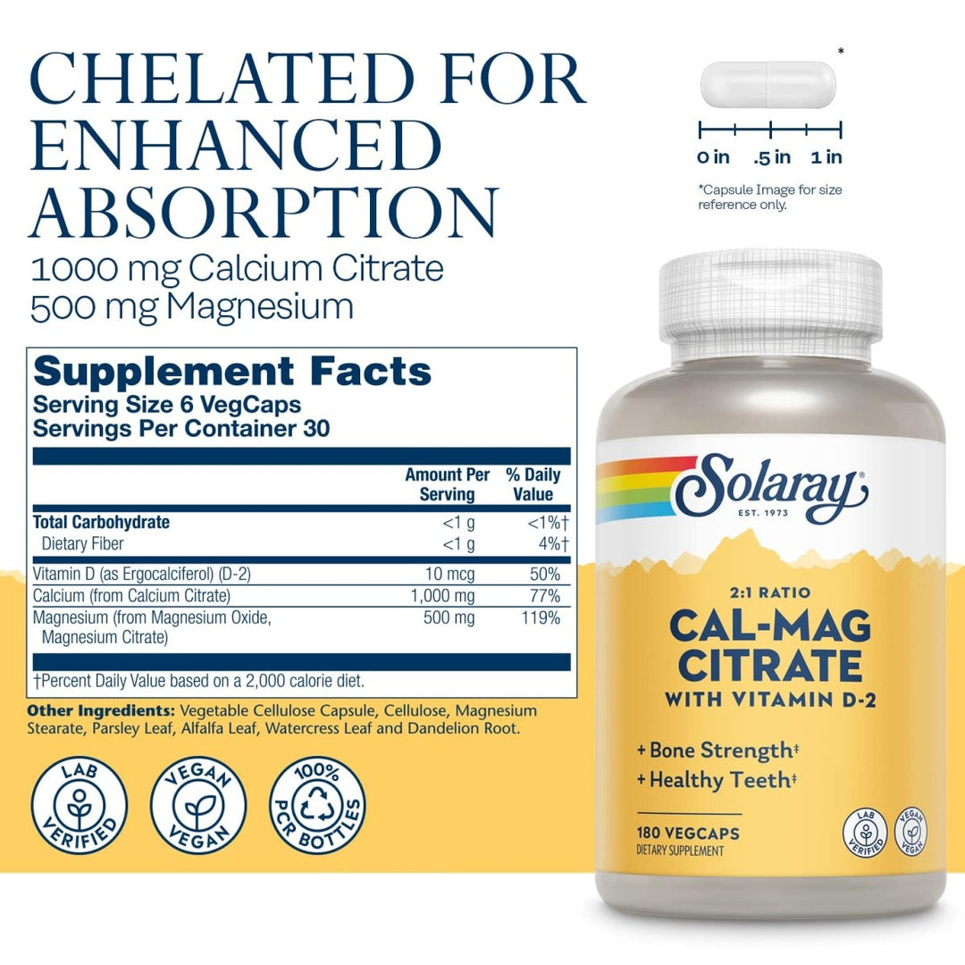 Solaray Calcium Magnesium Citrate 2:1 Ratio with Vitamin D2, Healthy Bone, Muscle &amp; Nerve Support, 30 Serv, 180 VegCaps - Supplement Facts panel