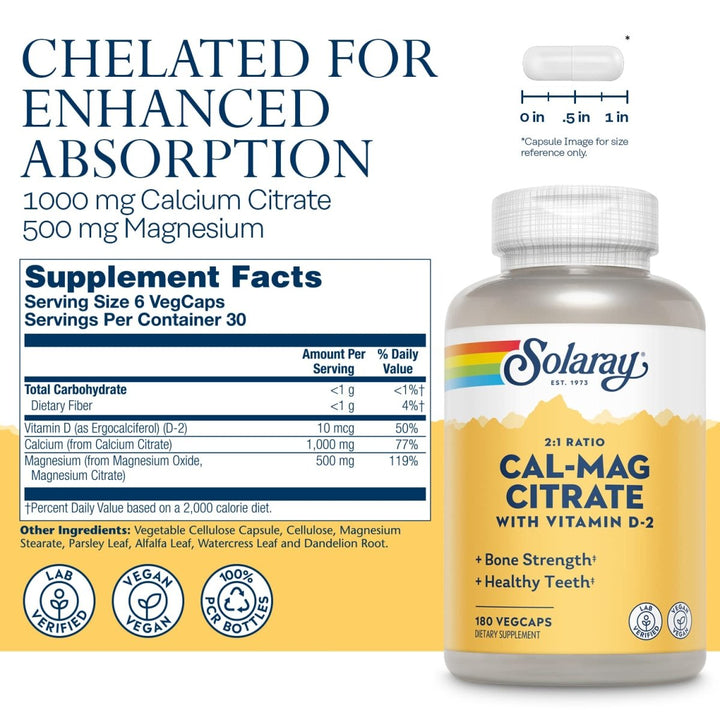 Solaray Calcium Magnesium Citrate 2:1 Ratio with Vitamin D2, Healthy Bone, Muscle &amp; Nerve Support, 30 Serv, 180 VegCaps - Supplement Facts panel
