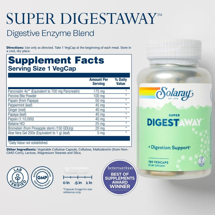 Solaray Super Digestaway Digestive Enzymes - Pancreatin, Papain, Ginger, Pepsin, Betaine HCl, Aloe Vera, and More - Digestion &amp; Nutrient Absorption Support - Lab Verified - 180 VegCaps - Supplement Facts panel