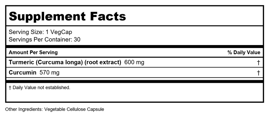SOLARAY Turmeric Root Extract 600mg One Daily Healthy Joints, Cardiovascular System Support Guaranteed Potency (076280186628) (30 CT) - Supplement Facts panel