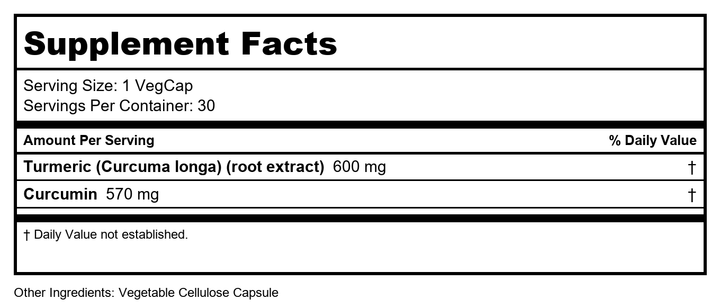 SOLARAY Turmeric Root Extract 600mg One Daily Healthy Joints, Cardiovascular System Support Guaranteed Potency (076280186628) (30 CT) - Supplement Facts panel