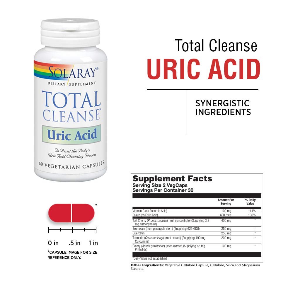 Solaray Total Cleanse Uric Acid, Tart Cherry, Bromelain, Quercetin and More, Joint Comfort Support, Vegan, 60 Caps - Supplement Facts panel